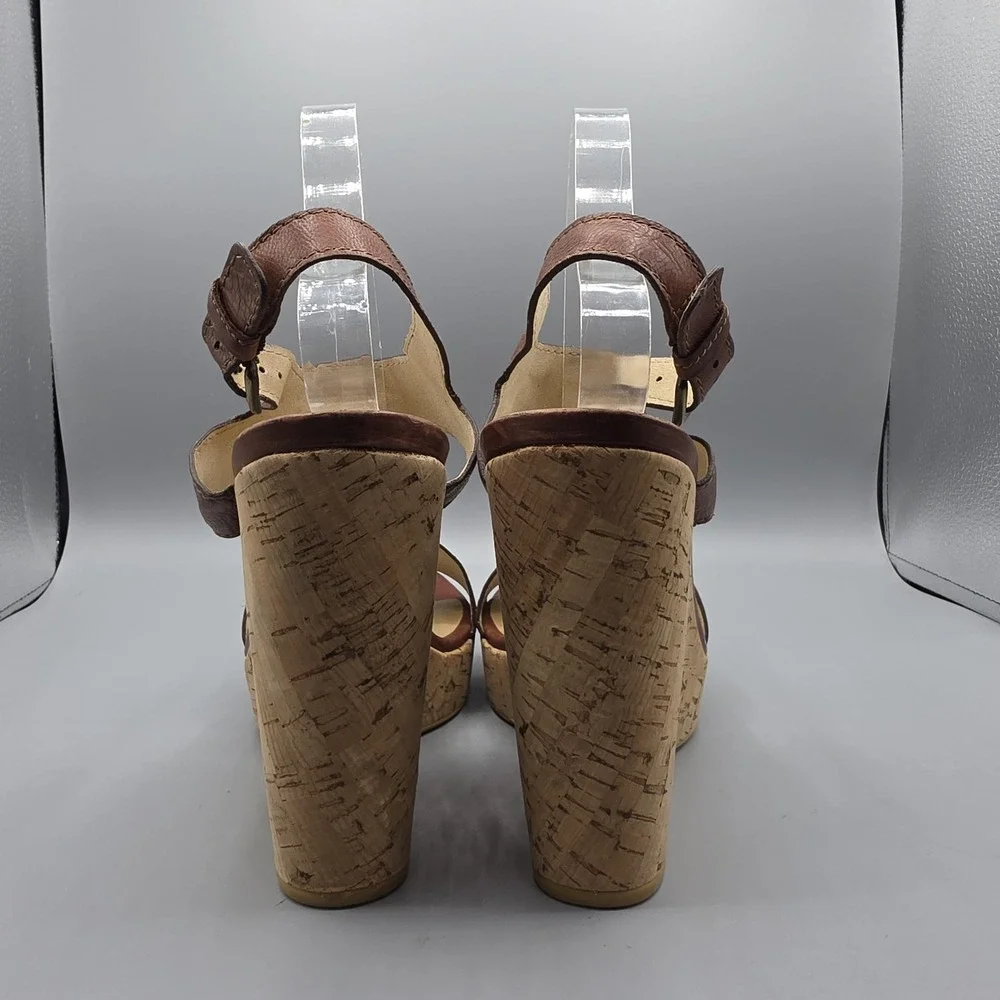 Stuart Weitzman Shoes Womens 9.5 Brown Leather Cork Wedge Ankle Strap Platform - Picture 6 of 13